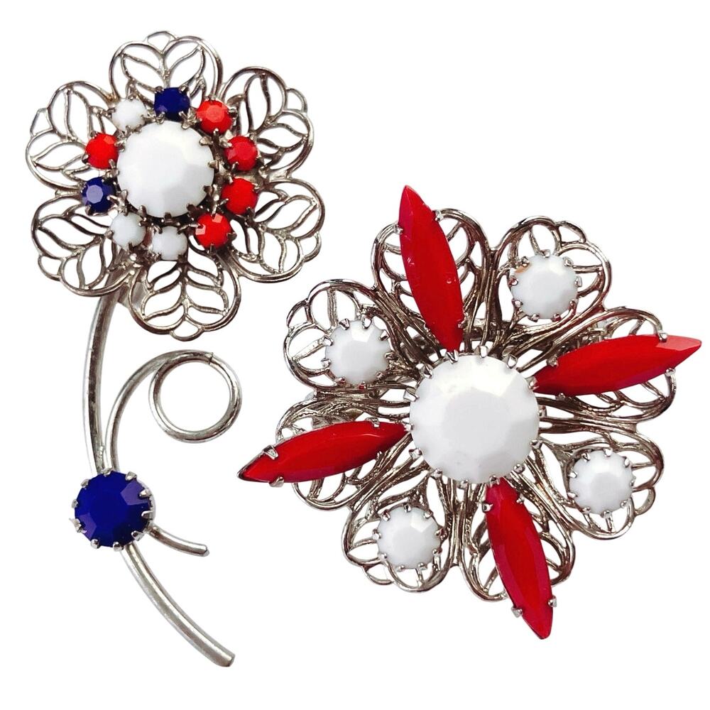 VTG Mid Century Brooch Red White Blue Glass Floral Lot Silver Tone 50s 60s Pin